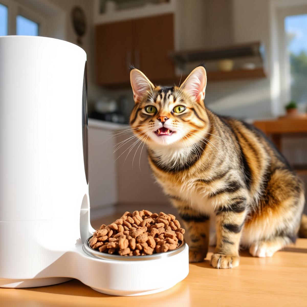 Happy tabby cat eating from the Hyenterprise feeder