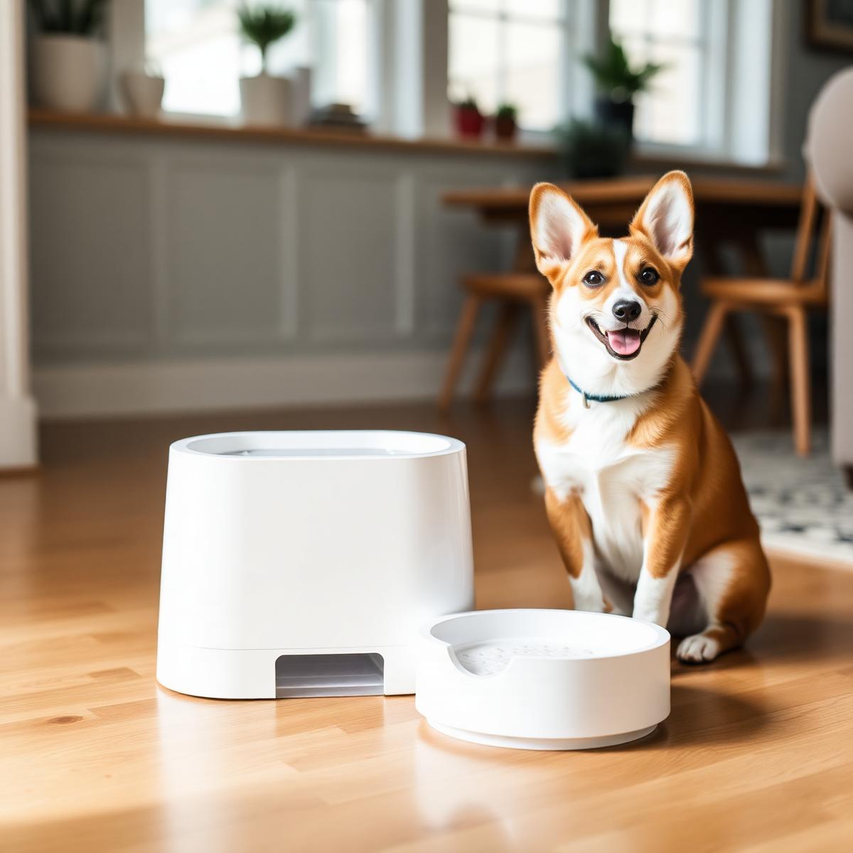 Corgi next to the Hyenterprise feeder